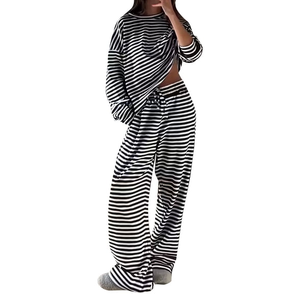 ManxiVoo Trending Striped Pajama Set for Women Long Sleeve Top and Wide Leg Pants Comfortable Two Piece Outfit for Fall and Winter S Size Black