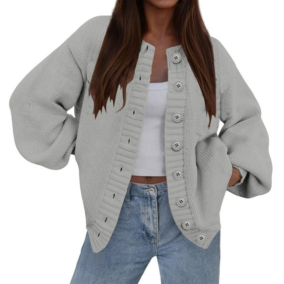 ManxiVoo Trendy Chunky Knit Button Up Cardigan for Women Winter Warm Long Sleeve Casual Fall Outerwear Cozy Sweater S Size Grey