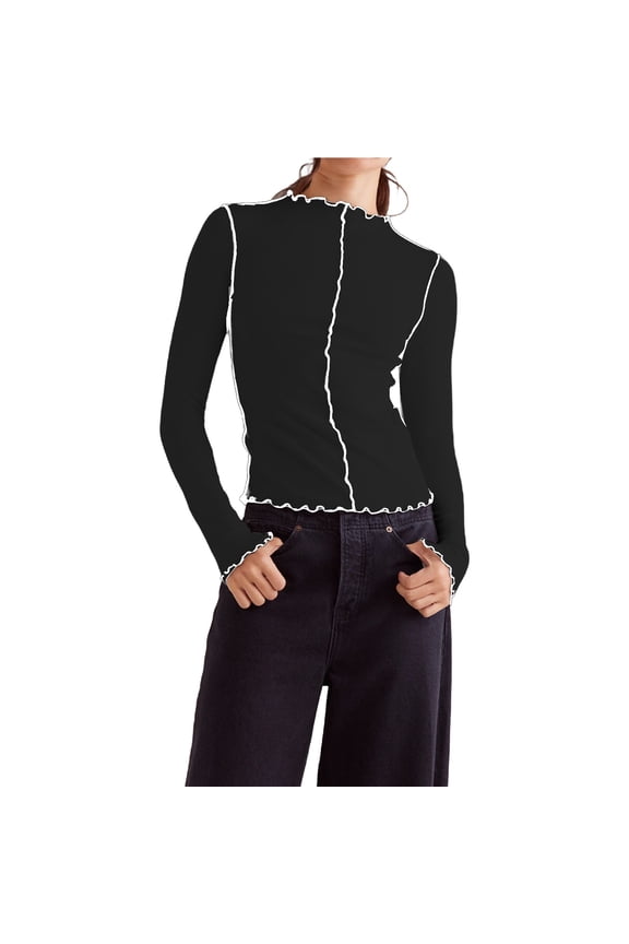 Trendy Contrast Trim Long Sleeve Turtleneck T Shirt for Women Stretch Form Fitting Comfort Versatile Layering Essential L Size Black