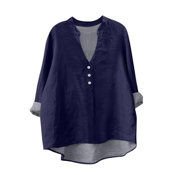 ManxiVoo Trendy Womens Long Sleeve Linen Shirt with V Neck and Pockets Breathable Comfort Casual Blouse L Size Dark Blue