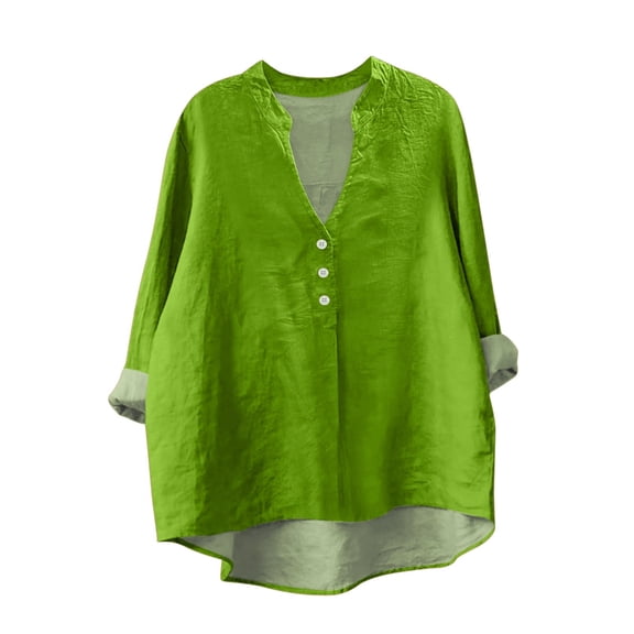 ManxiVoo Trendy Womens Long Sleeve Linen Shirt with V Neck and Pockets Breathable Comfort Casual Blouse L Size Green