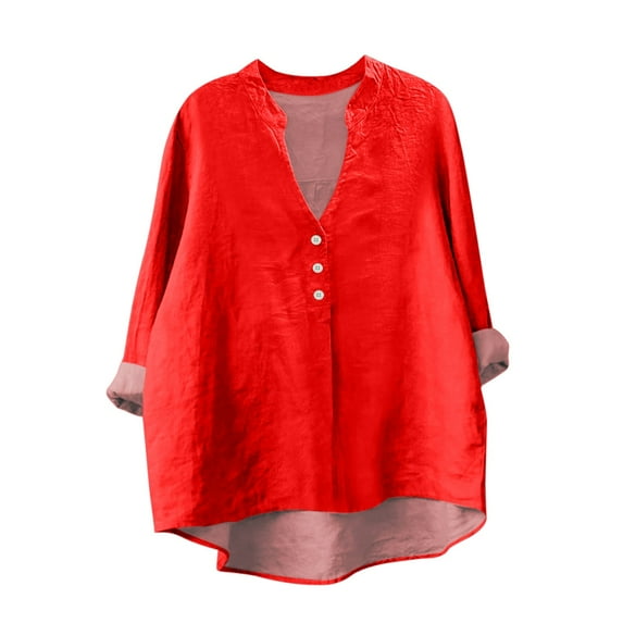 ManxiVoo Trendy Womens Long Sleeve Linen Shirt with V Neck and Pockets Breathable Comfort Casual Blouse L Size Red