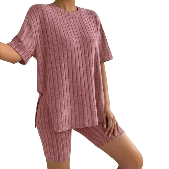 ManxiVoo Two Piece Ribbed Knit Pajama Set Comfortable Loungewear T-Shirt and Shorts Outfit XXL Size Pink