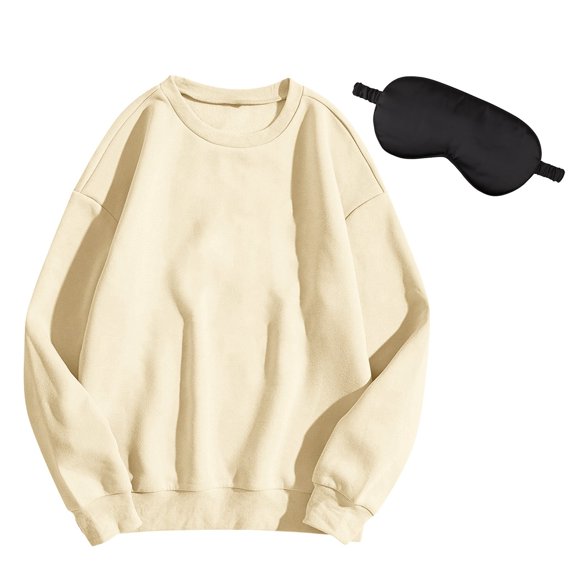 ManxiVoo Unisex Crew Neck Travel Sweatshirt with Eye Mask Soft Long Sleeve Casual Top S Size Beige