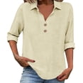 thumbnail image 1 of ManxiVoo V Neck Button Down Blouse for Women 3/4 Sleeve Cotton Linen Shirt Breezy Summer Tops Relaxed Fit Casual Office Wear L Size Beige, 1 of 9