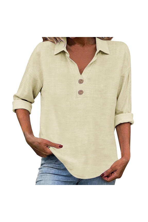 V Neck Button Down Blouse for Women 3/4 Sleeve Cotton Linen Shirt Breezy Summer Tops Relaxed Fit Casual Office Wear L Size Beige