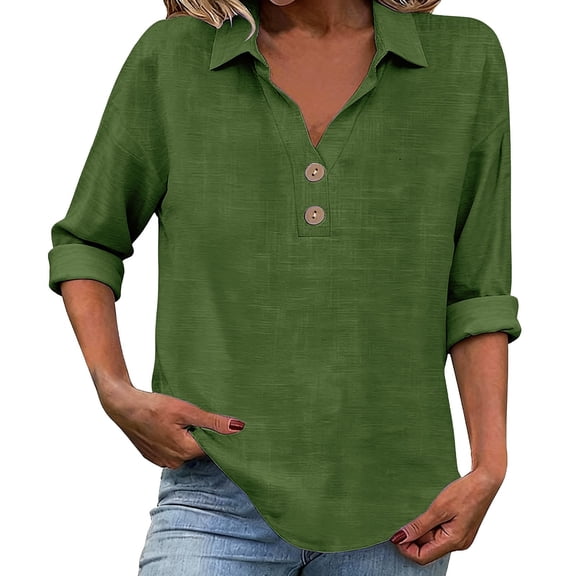 ManxiVoo V Neck Button Down Blouse for Women 3/4 Sleeve Cotton Linen Shirt Breezy Summer Tops Relaxed Fit Casual Office Wear XXL Size Blackish Green