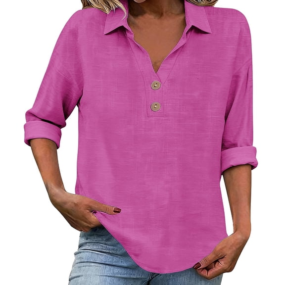 ManxiVoo V Neck Button Down Blouse for Women 3/4 Sleeve Cotton Linen Shirt Breezy Summer Tops Relaxed Fit Casual Office Wear XXL Size Hot Pink