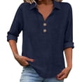 thumbnail image 1 of ManxiVoo V Neck Button Down Blouse for Women 3/4 Sleeve Cotton Linen Shirt Breezy Summer Tops Relaxed Fit Casual Office Wear XXL Size Navy, 1 of 9