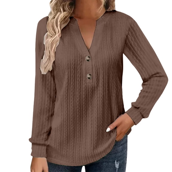 ManxiVoo V Neck Button Down Shirt for Women Long Sleeve Loose Fit Blouse Spring Fashion Casual Wear S Size Coffee