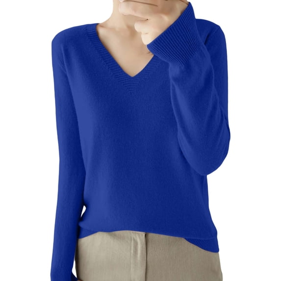 ManxiVoo V Neck Lightweight Sweater for Women Soft Knitted Pullover Long Sleeve Loose Fit Layering Staple Everyday Casual Top L Size Blue