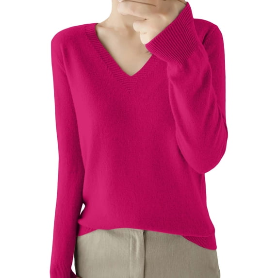 ManxiVoo V Neck Lightweight Sweater for Women Soft Knitted Pullover Long Sleeve Loose Fit Layering Staple Everyday Casual Top S Size Hot Pink