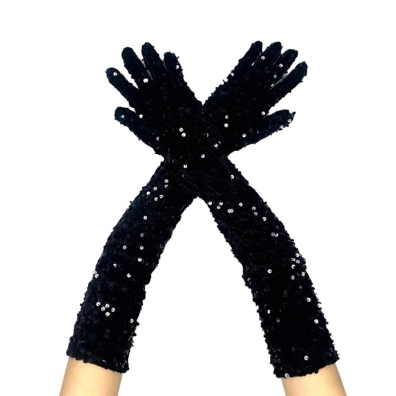 ManxiVoo Velvet Sparkle Sequin Gloves Extended Arm Sleeves Glamorous Party Accessory For Night Out And Festive Gatherings Black