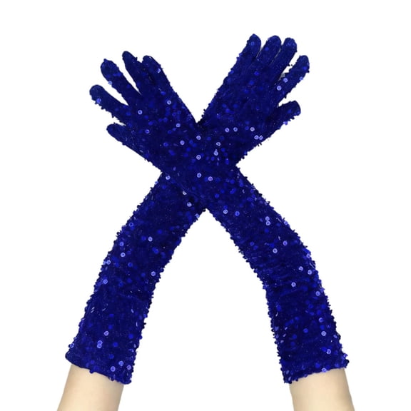 ManxiVoo Velvet Sparkle Sequin Gloves Extended Arm Sleeves Glamorous Party Accessory For Night Out And Festive Gatherings Blue