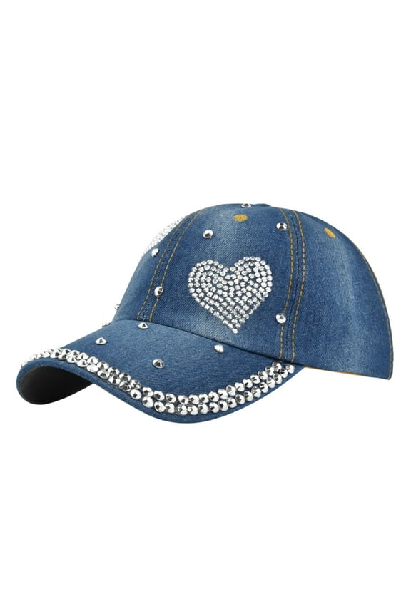 Vintage Washed Denim Baseball Cap for Men Women Distressed Jeans Hat with Rhinestone Embellishment Blue