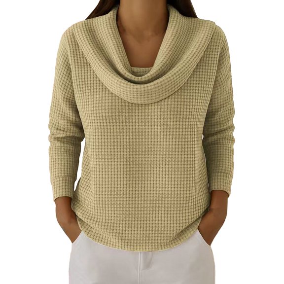 ManxiVoo Waffle Knit Sweatshirt for Women Dropped Shoulder Cowl Neck Pullover Long Sleeve Relaxed Fit Casual Fall Top XL Size Khaki