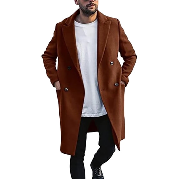ManxiVoo Winter Coats for Men Winter Warm Solid Pocket Woolen Coat Men's Thick Coat Men's Mid Length Jackets for Men Brown M