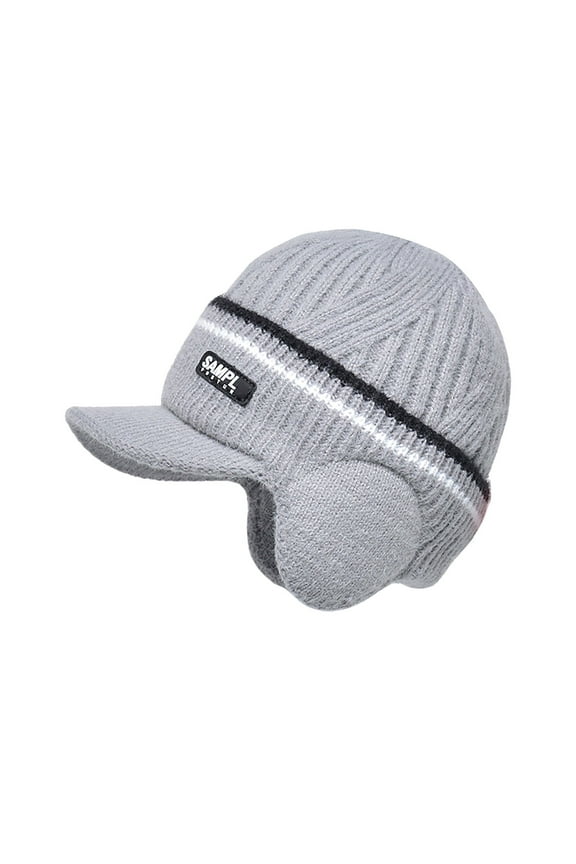 Winter Hat Lined Cuff Knit Cap With Visor Warm Ear Flaps For Outdoor Ski Sports Thermal Grey