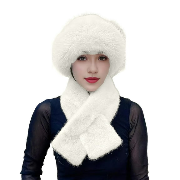 ManxiVoo Winter Hat and Scarf Set for Women Thickened Plush Windproof Thermal Neck Wrap with Faux Fisherman Cap Beige