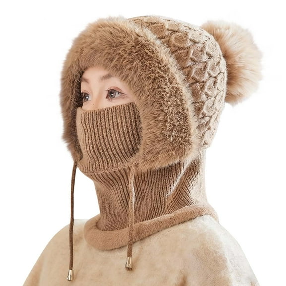 ManxiVoo Women All in One Winter Hat and Scarf for Extreme Warmth and Cold Protection with Thick Knitted Wool Design for Outdoor Activities Khaki