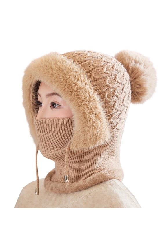 Women All in One Winter Hat and Scarf for Extreme Warmth and Cold Protection with Thick Knitted Wool Design for Outdoor Activities Rose Gold