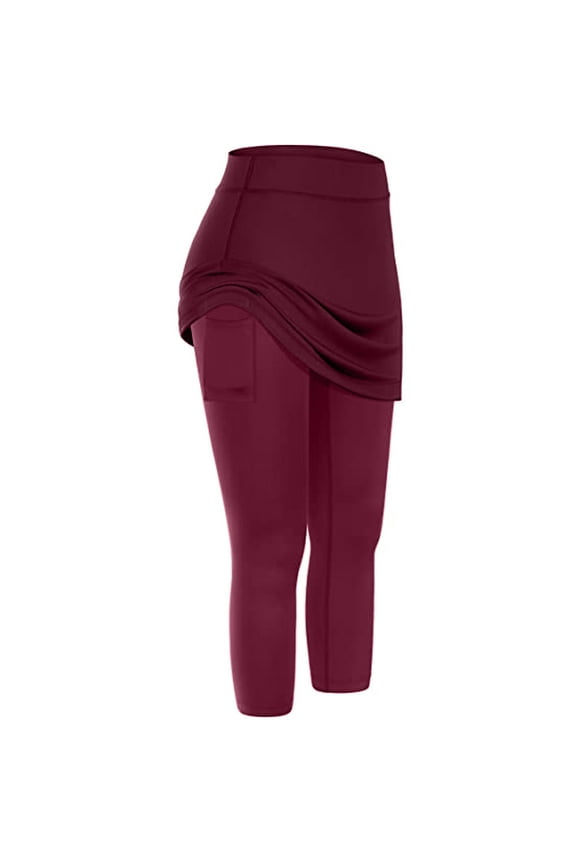 Women Athletic Skirted Leggings with Pockets for Tennis Yoga and Running Featuring Elastic Waist and Comfortable Fit for Active Lifestyles L Size Wine