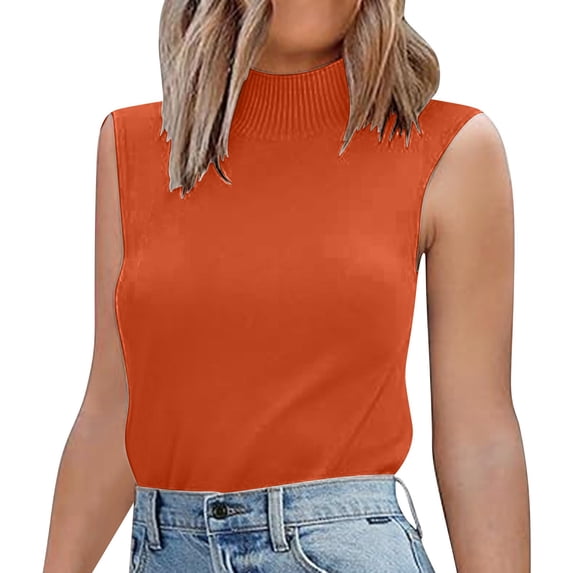 ManxiVoo Women Autumn Round Neck Check Pocket Short Sleeved Knitted Sweater Cropped Pullover Slim Sleeveless Turtleneck for Base Layer Comfort L Size Orange