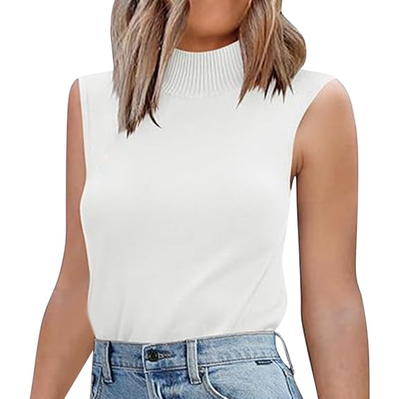 ManxiVoo Women Autumn Round Neck Check Pocket Short Sleeved Knitted Sweater Cropped Pullover Slim Sleeveless Turtleneck for Base Layer Comfort S Size White