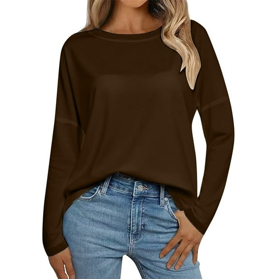 ManxiVoo Women Autumn Winter Round Neck Long Sleeve T-Shirt Loose Fit Comfortable Commute Top Soft Breathable Casual Wear XXXL Size Brown