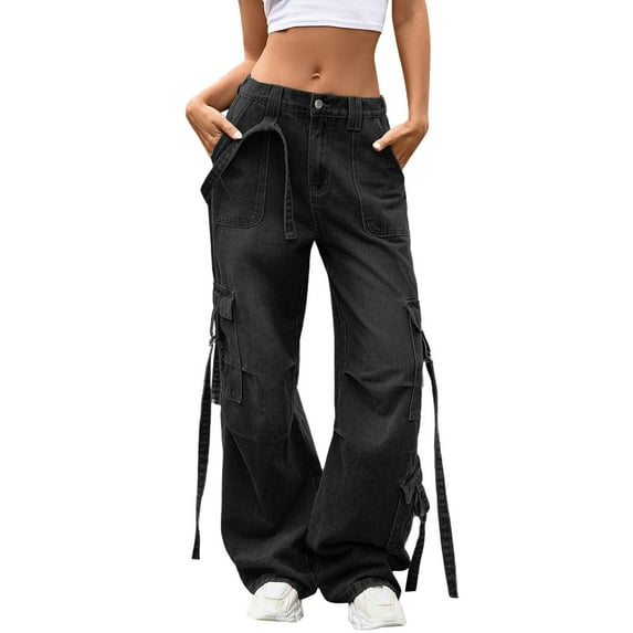 ManxiVoo Women Autumn Winter Washed Denim Pants Multi Pocket Wide Leg Loose Fit Casual Trousers L Size Black