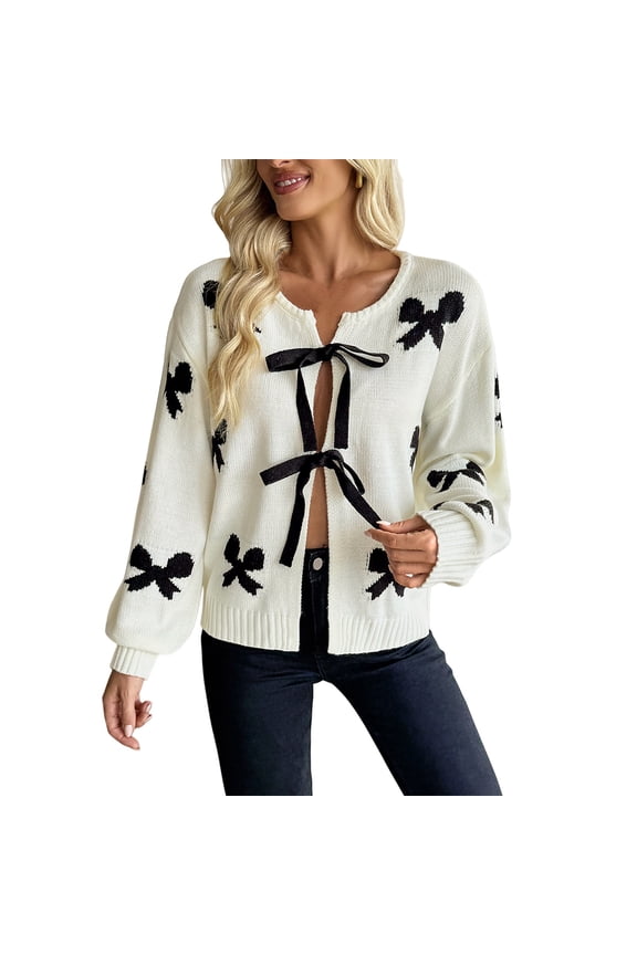 Women Bow Tie Front Cardigan Sweater Long Sleeve Knit Top for Fall Daily Wear Layered Comfort M Size Beige