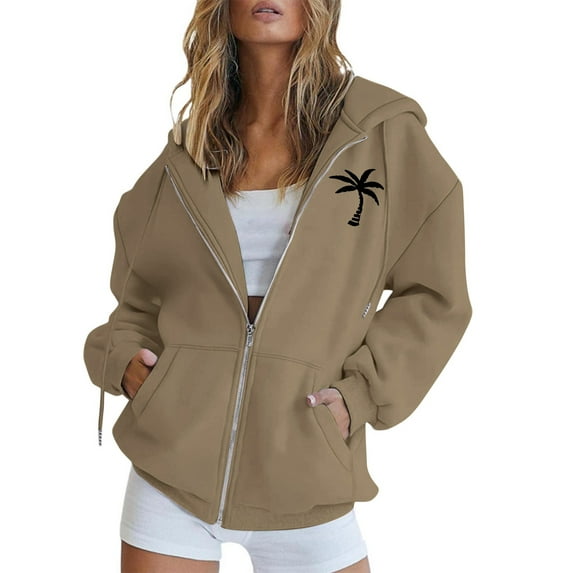 ManxiVoo Women Fashion Coconut Tree Print Soft Sports Hoodie Lightweight Comfortable Y2K Street Style Top M Size Coffee