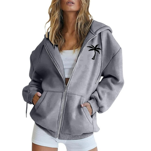 ManxiVoo Women Fashion Coconut Tree Print Soft Sports Hoodie Lightweight Comfortable Y2K Street Style Top M Size Dark Gray