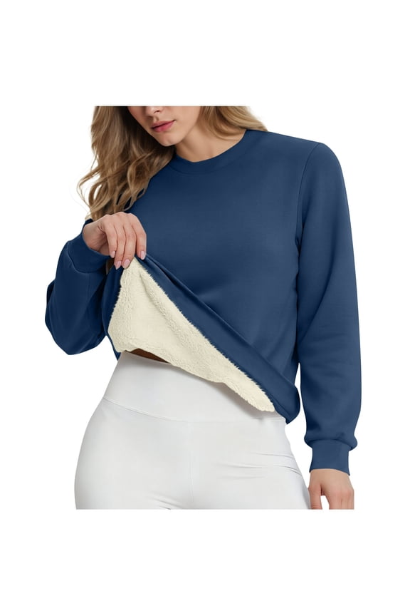Women Fleece Lined Sweatshirt Round Neck Casual Warm Pullover Without Hood For Cold Weather Comfort and Outdoor Activities S Size Navy