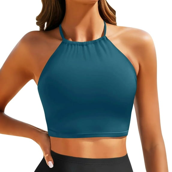 ManxiVoo Women High Neck Bikini Swimsuit Top Supportive Athletic Crop Top for Yoga Sports and Beach Vacation Activities M Size Blue