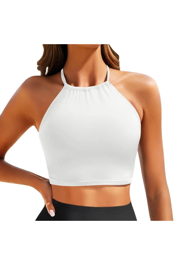 Women High Neck Bikini Swimsuit Top Supportive Athletic Crop Top for Yoga Sports and Beach Vacation Activities XXL Size White