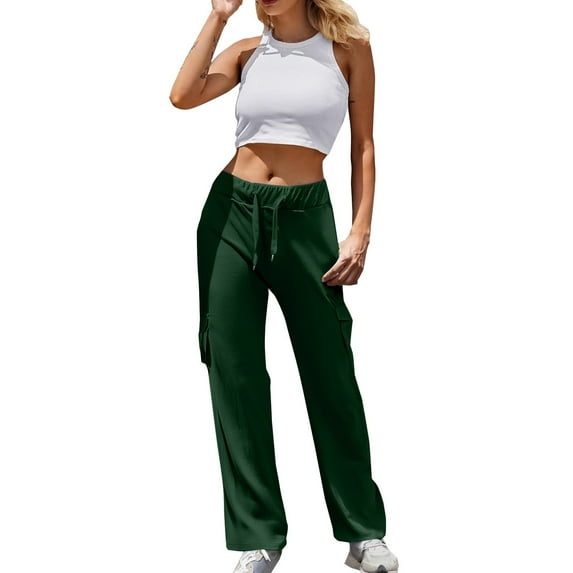 ManxiVoo Women High Waist Cargo Pants Flared Leggings with Pockets Stretchy Workout Casual Trousers XXXXL Size Green