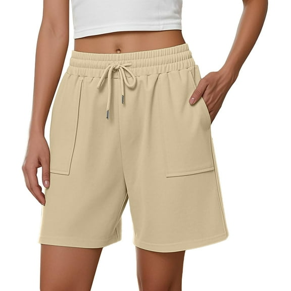 ManxiVoo Women High Waist Wide Leg Shorts With Pockets Home Casual Comfortable M Size Beige