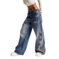 thumbnail image 1 of ManxiVoo Women High Waisted Embroidered Floral Denim Pants Loose Fit Street Fashion Casual Jeans L Size Blue, 1 of 8