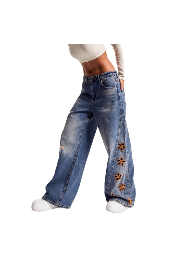 Women High Waisted Embroidered Floral Denim Pants Loose Fit Street Fashion Casual Jeans M Size Blue