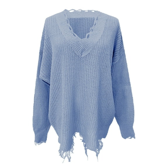 ManxiVoo Women Irregular Fringe Knitted Sweater Casual Loose Fit for Fall Winter Seasons XXXL Size Light Blue