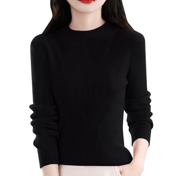 ManxiVoo Women Knit Pullover Semi High Neck Classic Stripe Thick Warm Soft Sweater for Everyday Comfort M Size Black