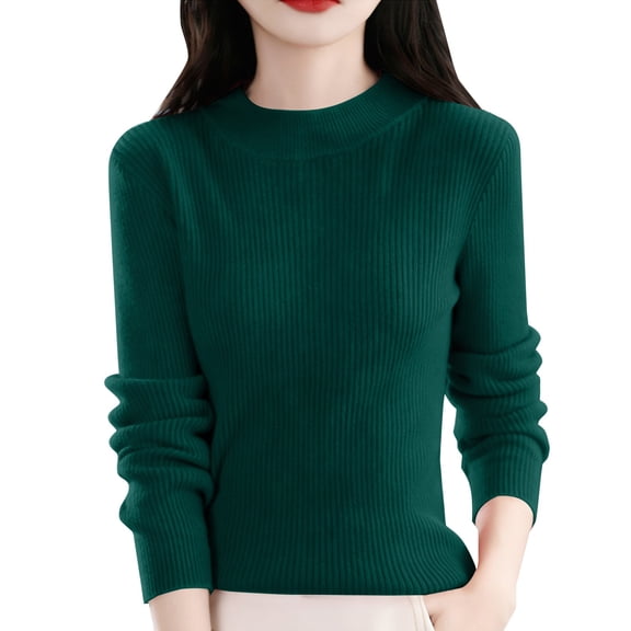 ManxiVoo Women Knit Pullover Semi High Neck Classic Stripe Thick Warm Soft Sweater for Everyday Comfort XXL Size Green