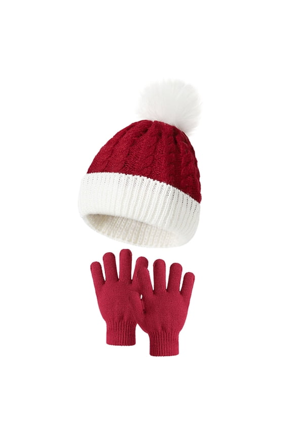 Women Knitted Hat and Gloves Set with Hairball Design for Christmas Festive Wear and Daily Routine One Size Size Wine