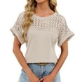 thumbnail image 1 of ManxiVoo Women Lace Trim Tee Round Neck Short Sleeve Blouse in A Relaxed Fit for Casual Outings L Size Beige, 1 of 7
