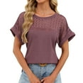 thumbnail image 1 of ManxiVoo Women Lace Trim Tee Round Neck Short Sleeve Blouse in A Relaxed Fit for Casual Outings M Size Brick Red, 1 of 7