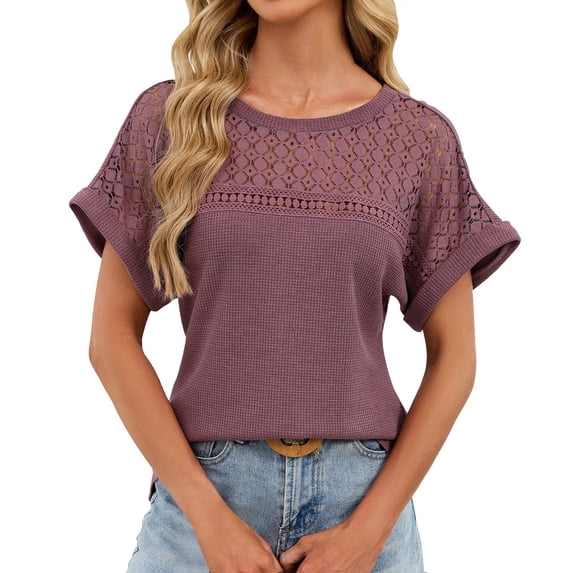 ManxiVoo Women Lace Trim Tee Round Neck Short Sleeve Blouse in A Relaxed Fit for Casual Outings M Size Brick Red