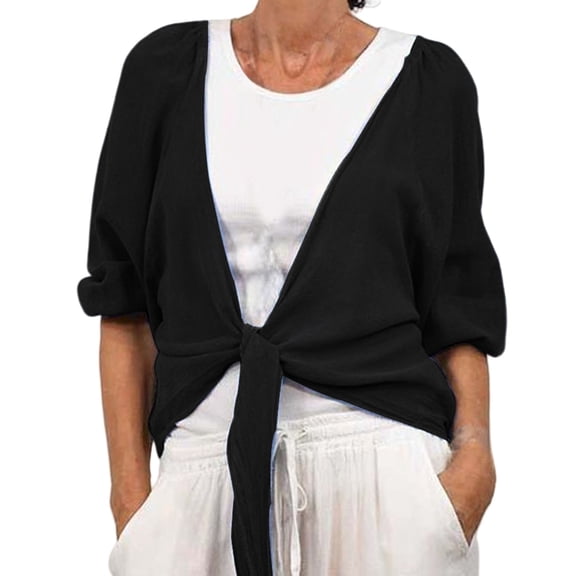 ManxiVoo Women Lightweight Long Sleeve Cardigan Tie Front Cover Up Soft Knit Lacy Beachwear Chic Layering Piece for Seasonal Transitions L Size Black