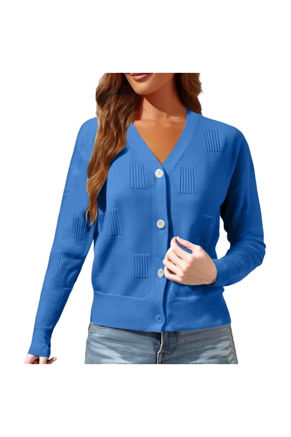Women Lightweight V Neck Cardigan Summer Long Sleeve Button Down Cable Knit Sweater Soft Cropped Design Versatile Layering L Size Blue