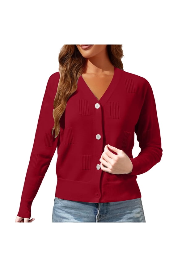 Women Lightweight V Neck Cardigan Summer Long Sleeve Button Down Cable Knit Sweater Soft Cropped Design Versatile Layering L Size Red